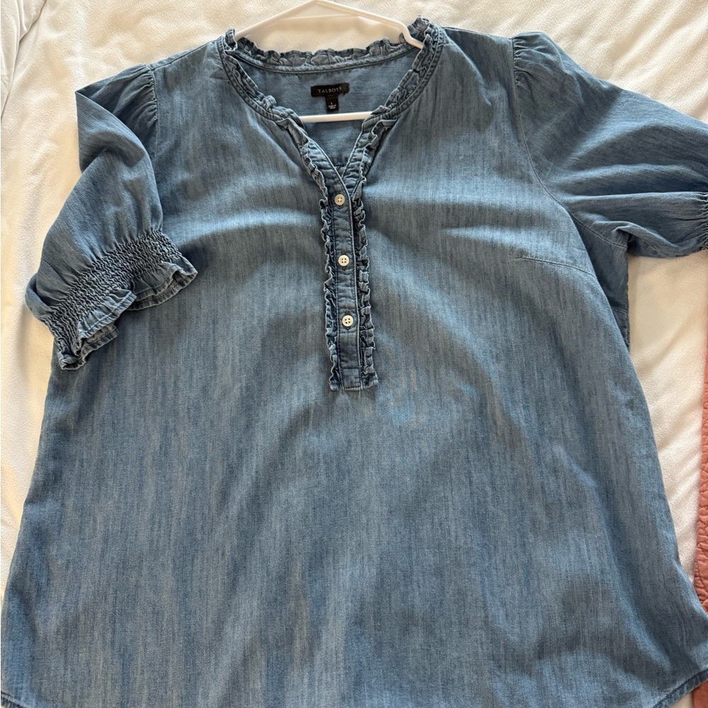 Talbots Blue Denim Ruffle Blouse